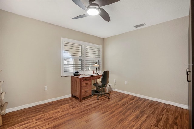 office space featuring visible vents, ceiling fan, baseboards, and wood finished floors