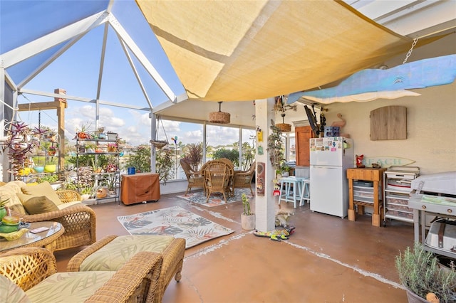 view of patio featuring an outdoor bar and glass enclosure