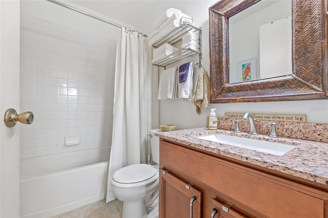 full bathroom featuring vanity, tile patterned floors, toilet, and shower / bath combo with shower curtain