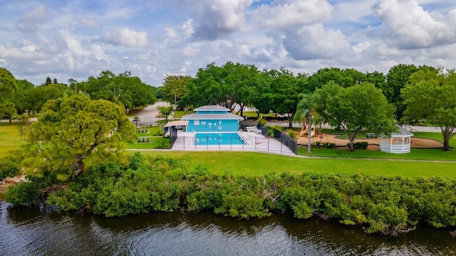 drone / aerial view featuring a water view