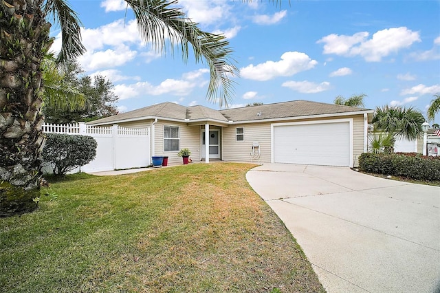 single story home with a garage and a front yard