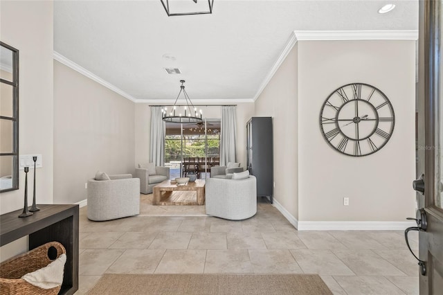 living room with a notable chandelier, light tile patterned floors, and ornamental molding