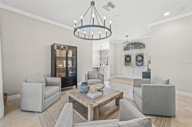 living room featuring crown molding, light tile patterned floors, a notable chandelier, and french doors