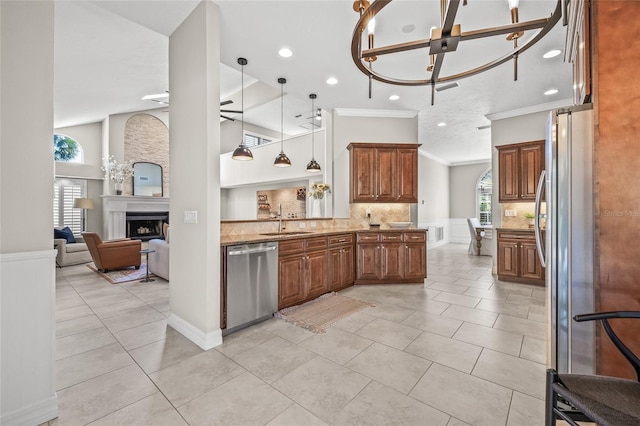 kitchen with sink, crown molding, light tile patterned floors, dishwasher, and light stone countertops