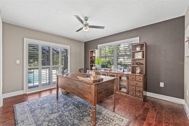 office space featuring a healthy amount of sunlight, dark wood-type flooring, and ceiling fan