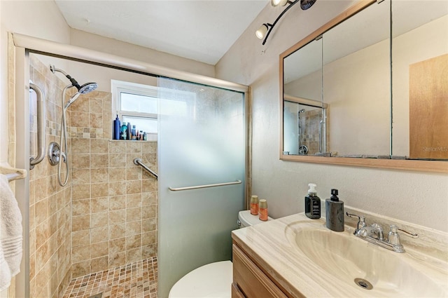 bathroom featuring vanity, an enclosed shower, and toilet