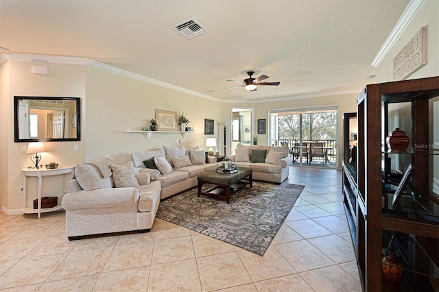 living room featuring light tile patterned floors, ornamental molding, and ceiling fan