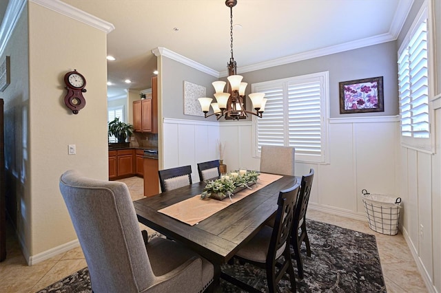 dining room with crown molding, light tile patterned flooring, and a notable chandelier