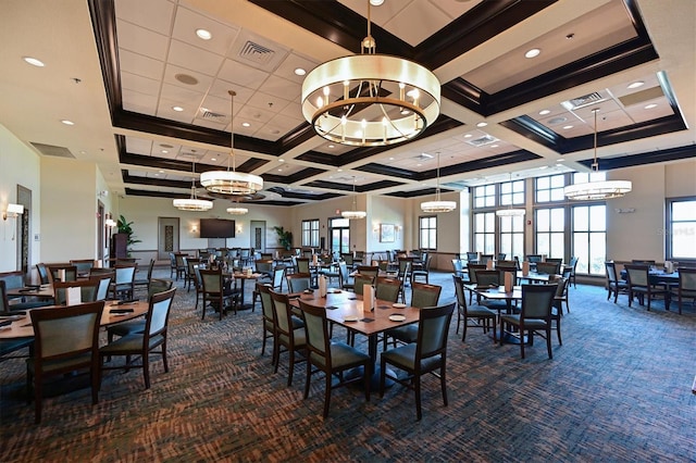 dining area with a high ceiling, coffered ceiling, carpet floors, and an inviting chandelier