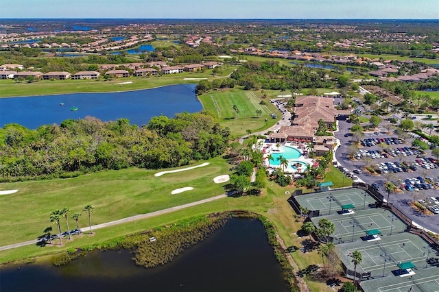 birds eye view of property featuring a water view