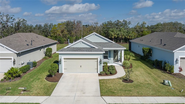 ranch-style home with a garage, a front yard, covered porch, and central air condition unit