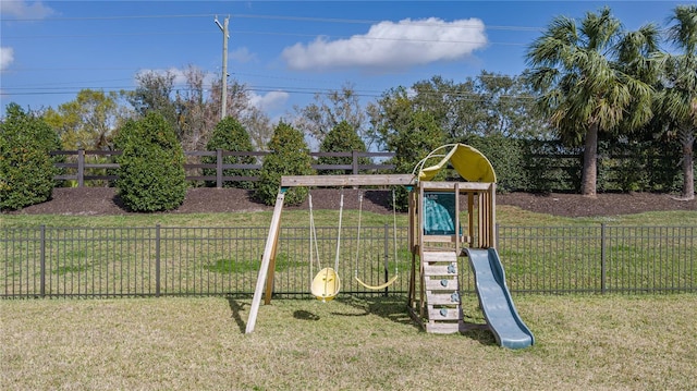 view of playground featuring a lawn