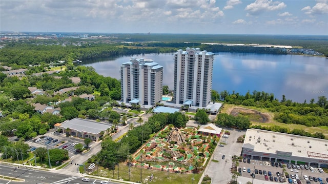 drone / aerial view with a water view