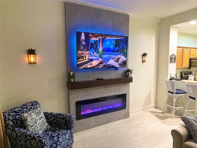 interior space featuring light wood-type flooring, a large fireplace, and baseboards