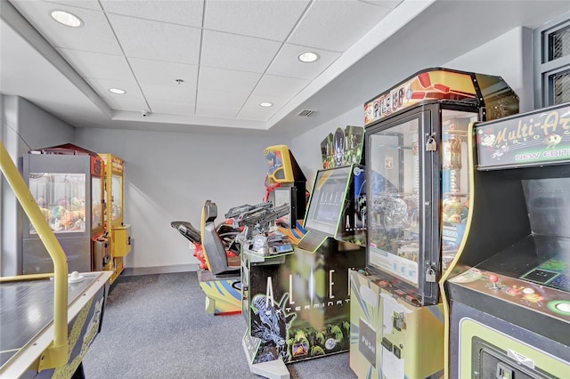 rec room featuring a paneled ceiling, visible vents, carpet flooring, and recessed lighting