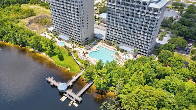 drone / aerial view with a water view