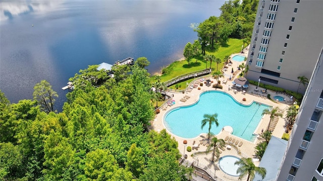 birds eye view of property featuring a water view