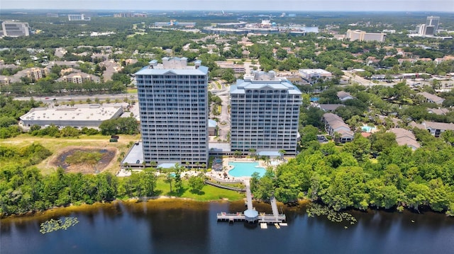 drone / aerial view with a water view