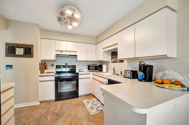 kitchen with white cabinetry, kitchen peninsula, sink, and electric range