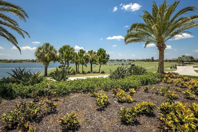 view of property's community featuring a lawn and a water view