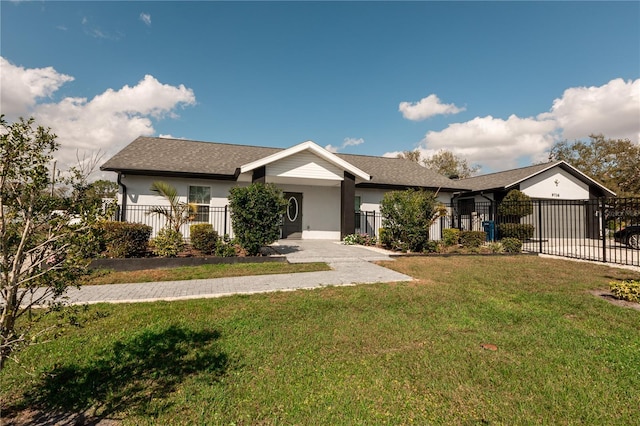 view of front of home featuring a fenced front yard, a front yard, and stucco siding