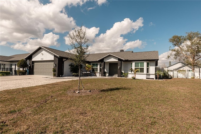 ranch-style house with an attached garage, fence, concrete driveway, stucco siding, and a front lawn