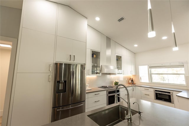 kitchen featuring stainless steel appliances, tasteful backsplash, visible vents, a sink, and ventilation hood