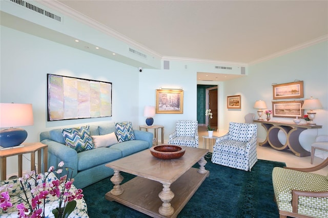 carpeted living room featuring visible vents and ornamental molding