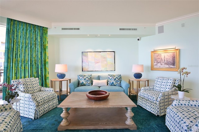 living room with visible vents and ornamental molding