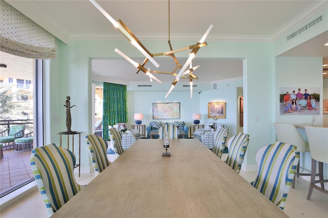 dining space with a wall of windows, ornamental molding, and a chandelier