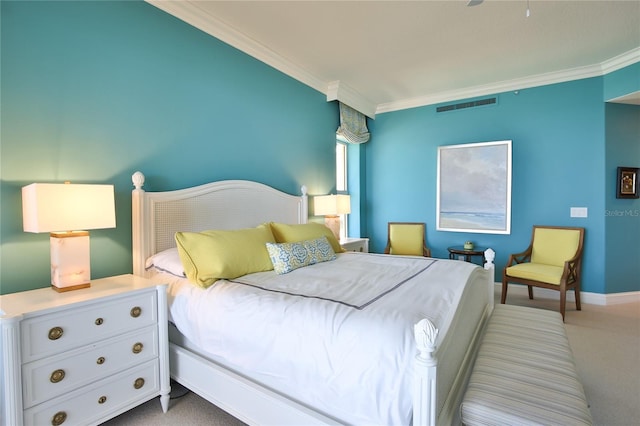 carpeted bedroom featuring ornamental molding