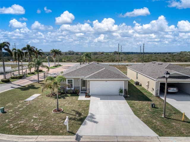 ranch-style house with cooling unit, a garage, a front lawn, and a carport