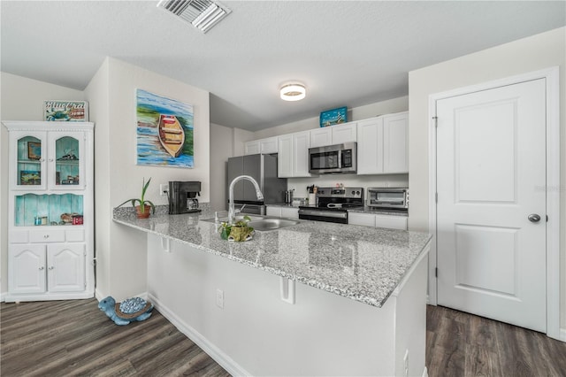 kitchen with a peninsula, a sink, visible vents, dark wood-type flooring, and appliances with stainless steel finishes
