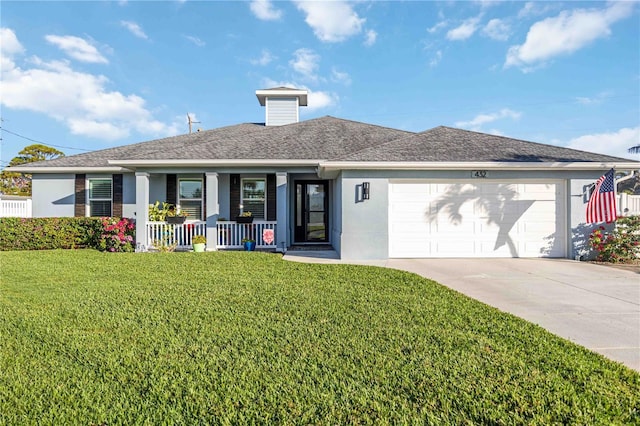 single story home featuring a front lawn, a porch, and a garage