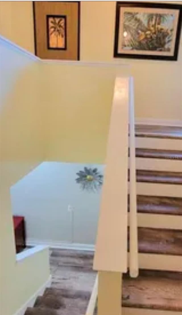 stairway featuring wood-type flooring