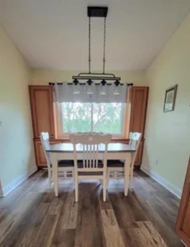 dining room with lofted ceiling and dark wood-type flooring