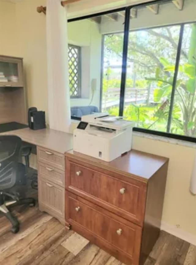 office space featuring built in desk, light hardwood / wood-style floors, and a wealth of natural light