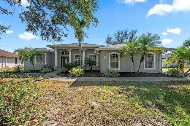 view of front of house featuring stucco siding and a front lawn