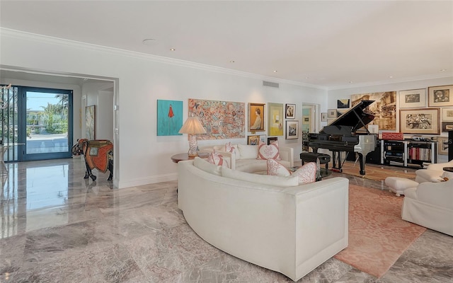 living room with ornamental molding