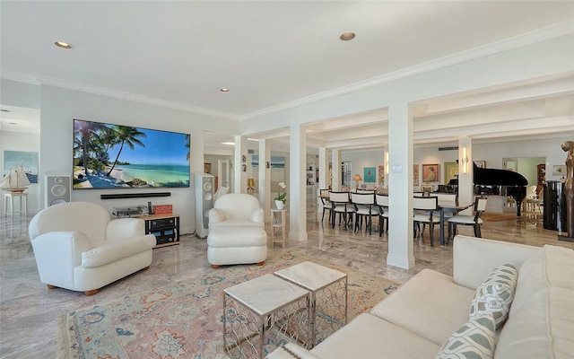 living room with ornamental molding