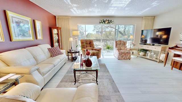 living room featuring a textured ceiling and light wood-type flooring