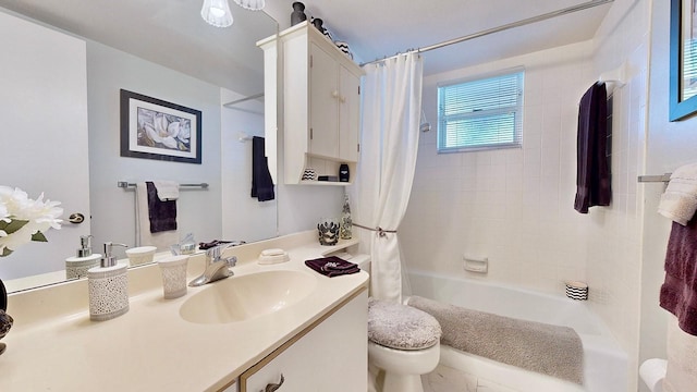 full bathroom featuring vanity, shower / bathtub combination with curtain, and toilet