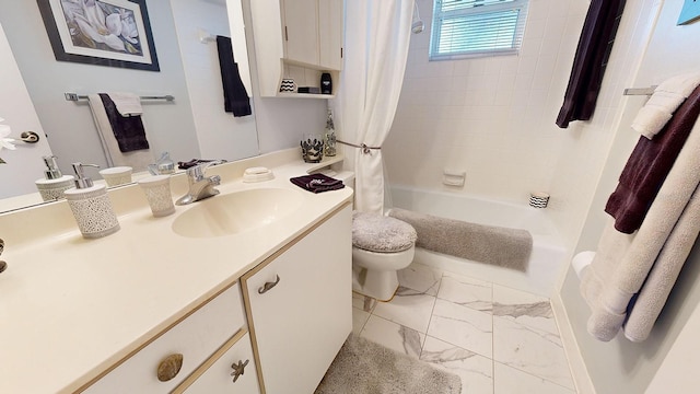 full bathroom featuring vanity, shower / tub combo, and toilet