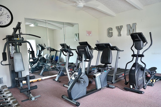 exercise room featuring a textured ceiling, vaulted ceiling, and ceiling fan