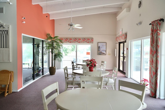 carpeted dining area featuring a high ceiling, ceiling fan, and beam ceiling