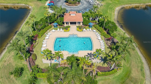 drone / aerial view featuring a water view