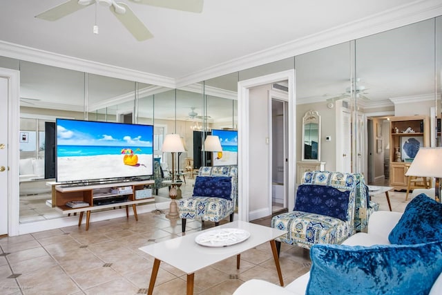 living room with ornamental molding, tile patterned floors, and ceiling fan