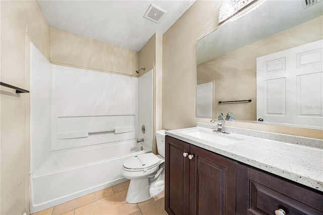 full bathroom with shower / tub combination, toilet, tile patterned floors, and vanity