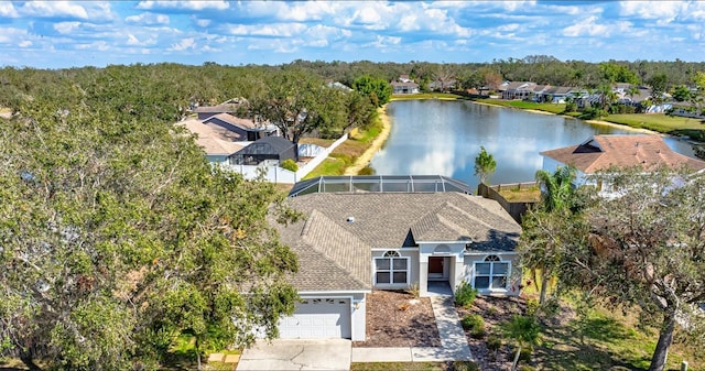 bird's eye view with a water view