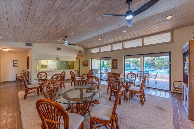 dining space with a ceiling fan, visible vents, recessed lighting, vaulted ceiling, and wooden ceiling